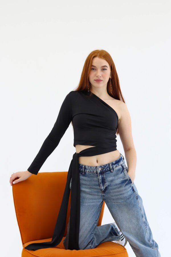One shoulder black top
