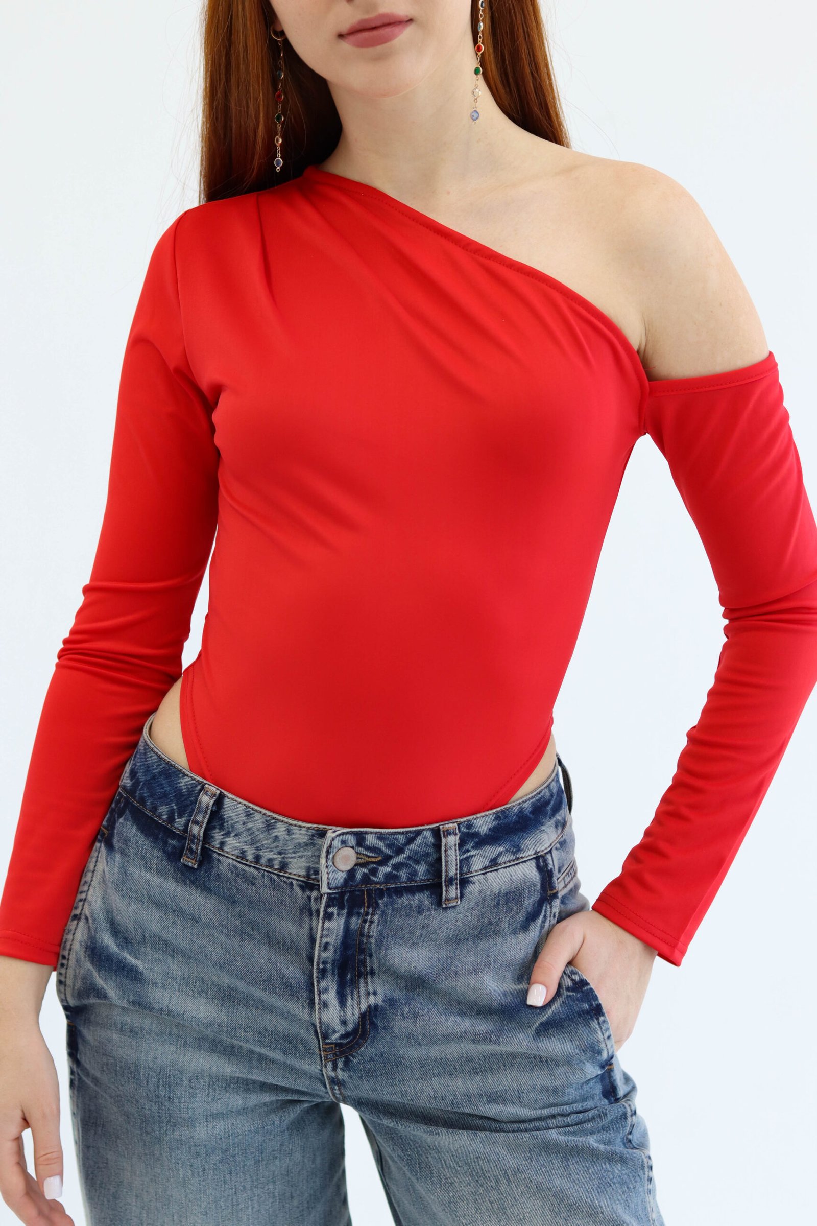 Asymmetric Red Bodysuit - Image 4
