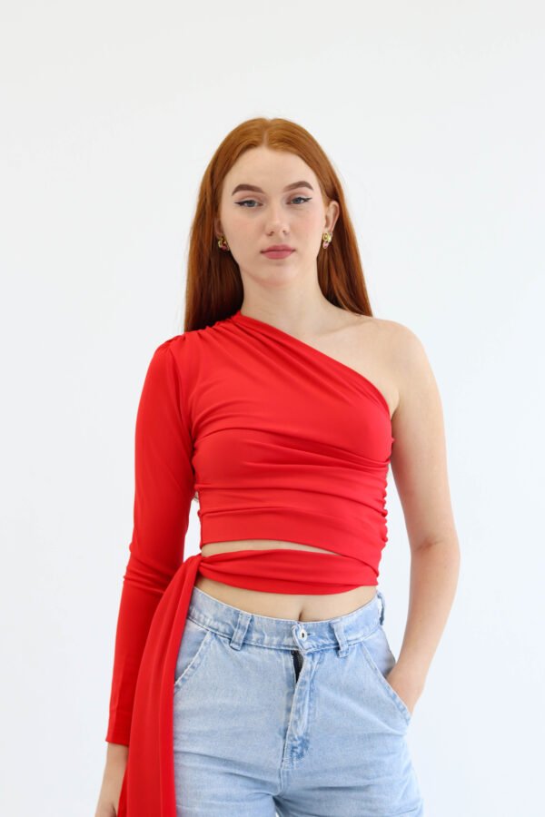 One shoulder red top